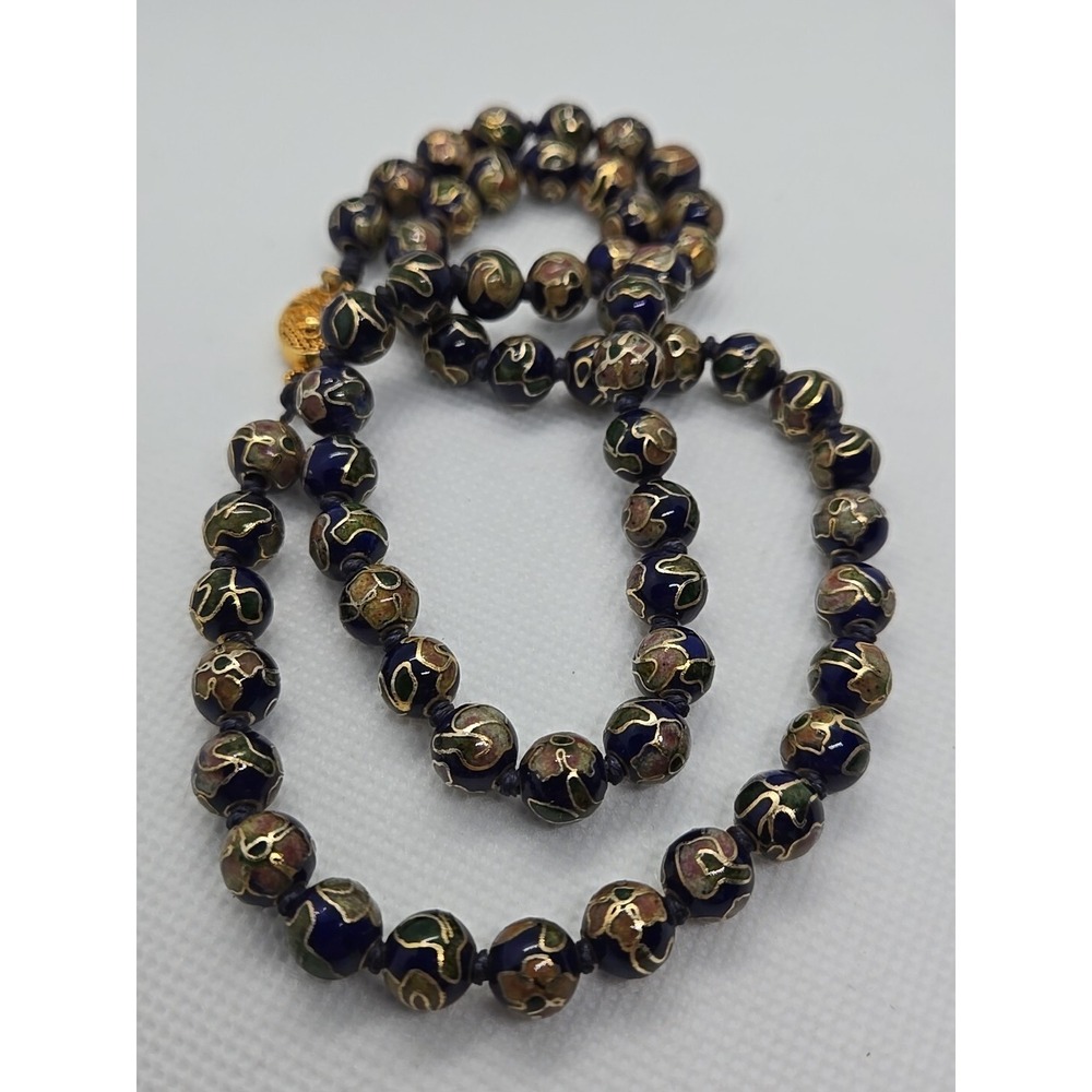 Vintage 20" Cloisonne Jewelry Necklace Blue Blackground Floral Beads & Box Clasp